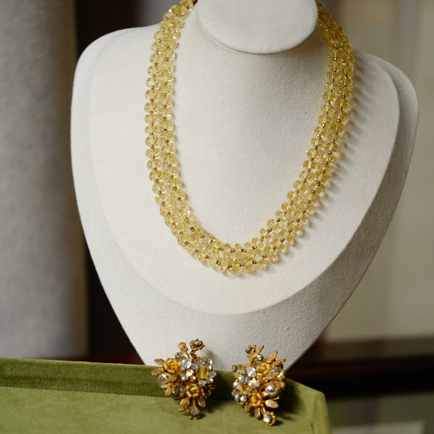 Vintage DeMario Faux Citrine Necklace and Earrings Set 1950s