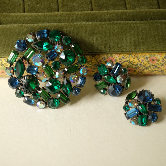 Claudette Blue Green Rhinestones Set 1950s