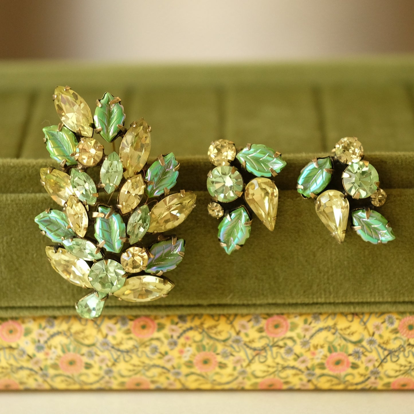 Vintage Regency Spring Leaf Brooch and Earrings 1950s