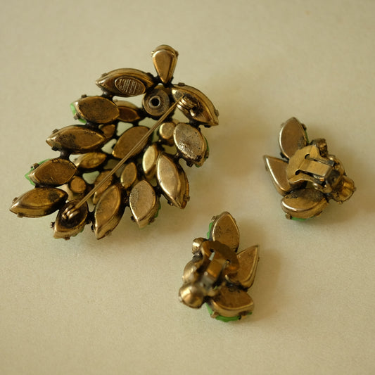 Vintage Regency Spring Leaf Brooch and Earrings 1950s
