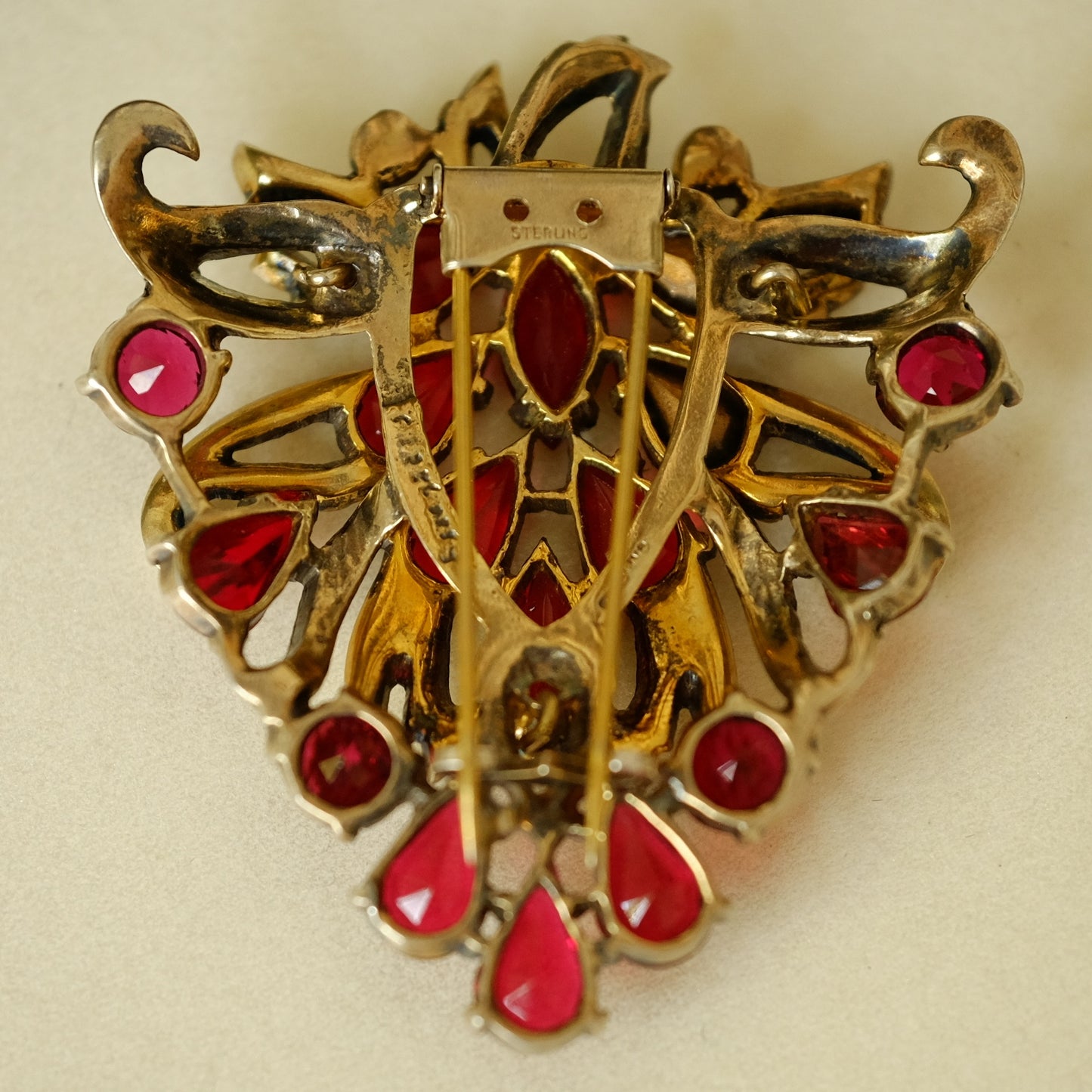 Eisenberg Sterling Dress Clip with Red Rhinestones 1940s