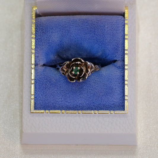 Silver Rose Ring with Green Stone