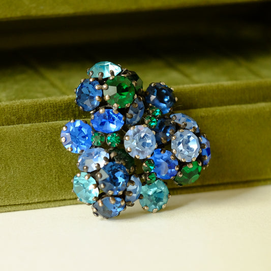 Vintage Dimensional Blue Green Rhinestone Brooch 1950s