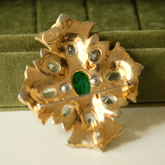 Vintage Kenneth Jay Lane Green Glass Cabochon Cross Brooch 1960s