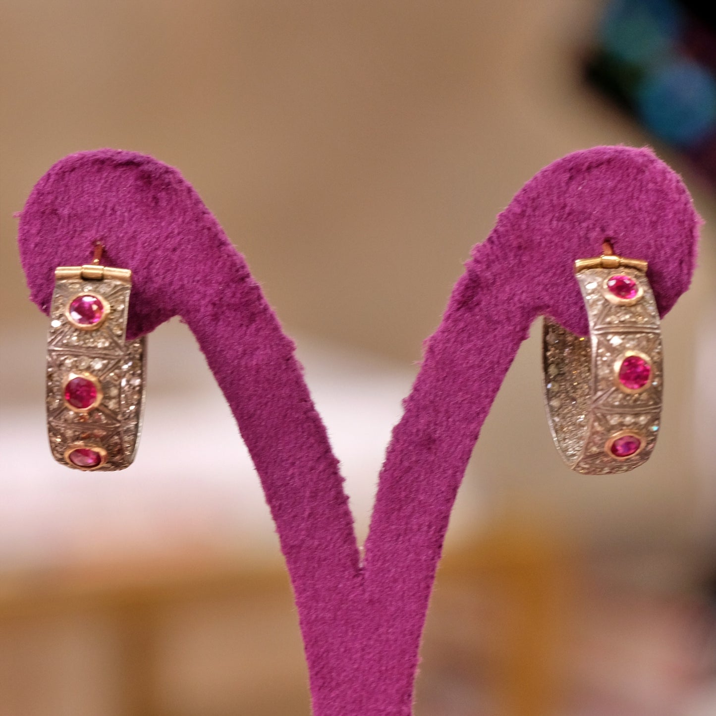 Sterling Silver and Gold Rubies and Diamond Earrings Hoops