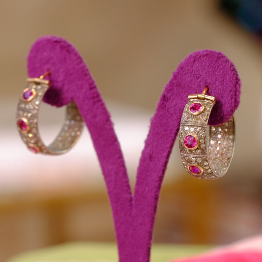 Sterling Silver and Gold Rubies and Diamond Earrings Hoops