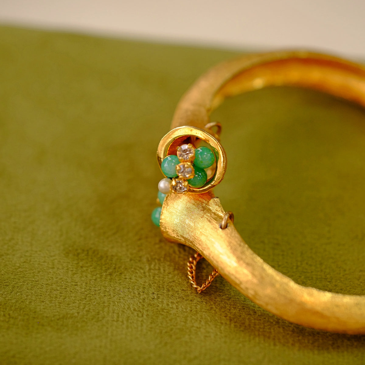 Glass Jade and Rhinestone Clamper Bracelet