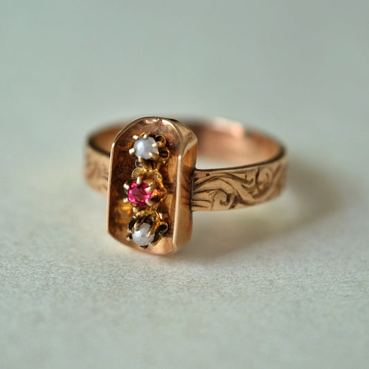Antique 14K Rose Gold Pearl and Ruby Ring