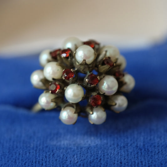 Antique Garnet and Pearl High Dome Ring