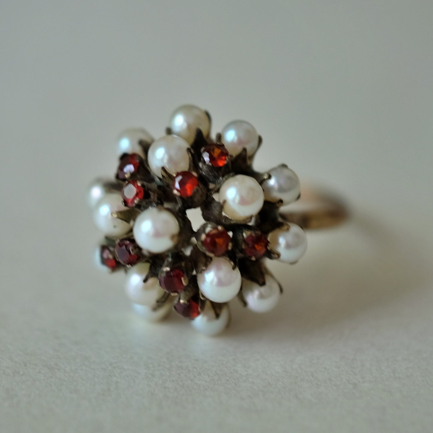 Antique Garnet and Pearl High Dome Ring