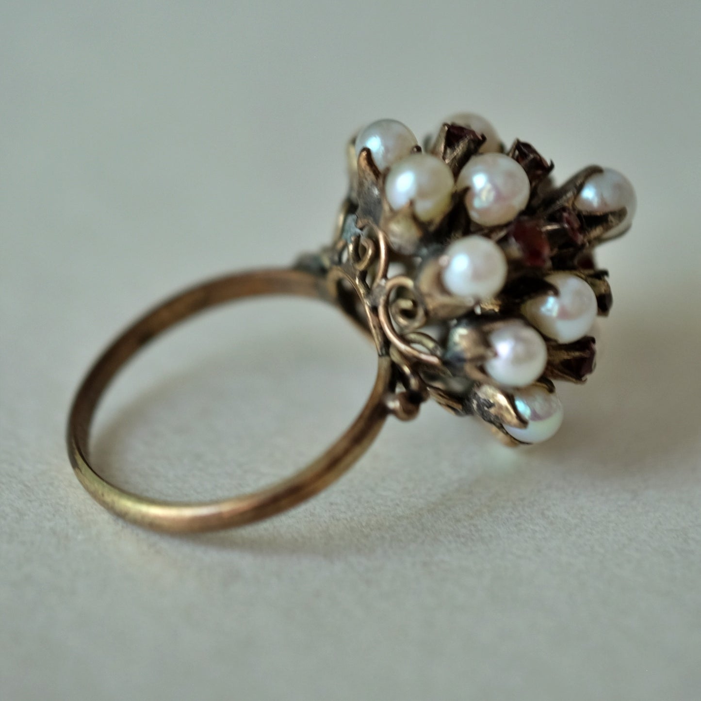 Antique Garnet and Pearl High Dome Ring