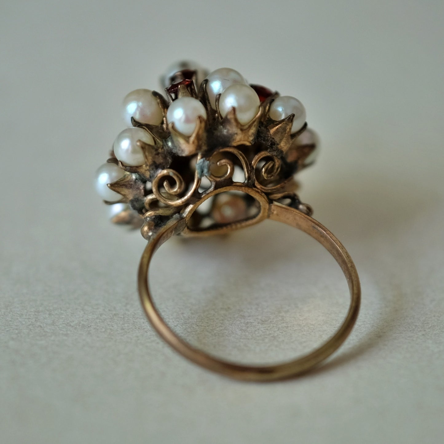 Antique Garnet and Pearl High Dome Ring