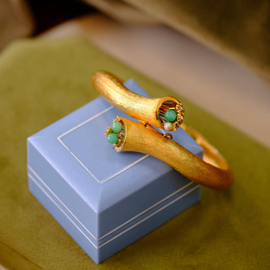 Glass Jade and Rhinestone Clamper Bracelet