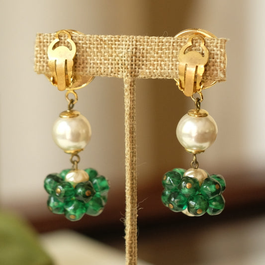 Vintage French Dangle Earrings with Green Glass 1970s