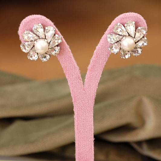 Trifari Clear Rhinestone flower and faux pearl clip on earrings