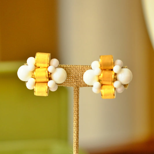 Vintage French White Beads Earrings 1970s