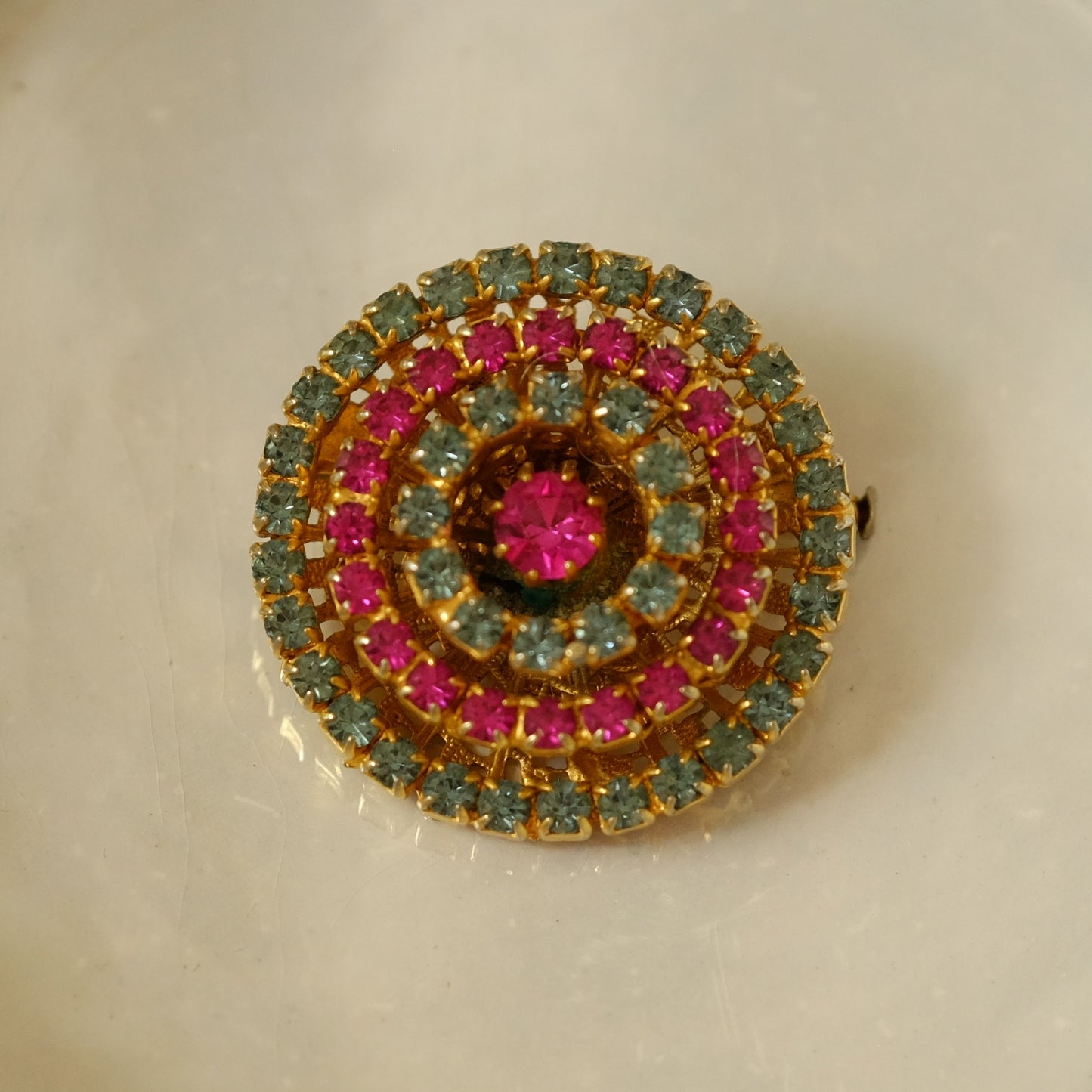 Vintage French Round Pink and Blue Brooch with Trombone Clasp 1950s