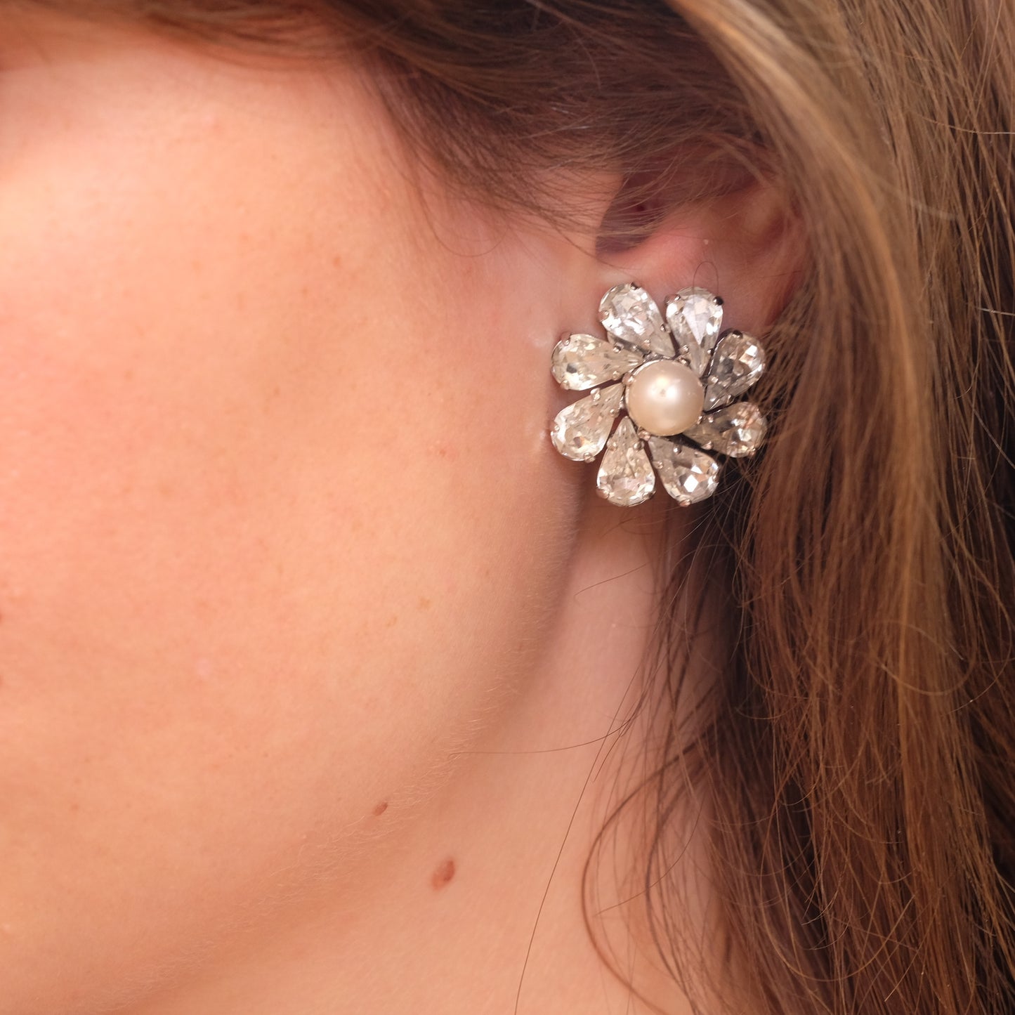Trifari Clear Rhinestone flower and faux pearl clip on earrings