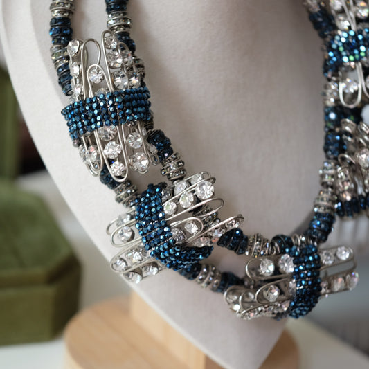 Francoise Montague Couture Necklace with Blue and Clear Rhinestones