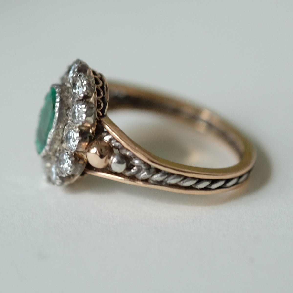 Antique Emerald and Diamond Silver and 18K Gold Ring 1880s