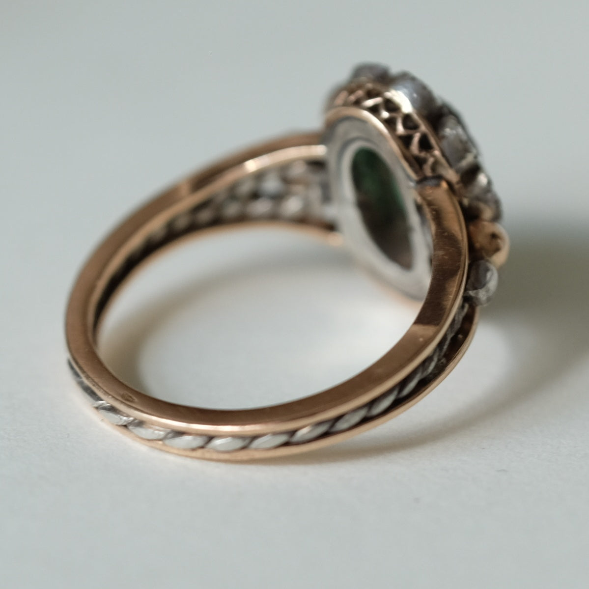 Antique Emerald and Diamond Silver and 18K Gold Ring 1880s