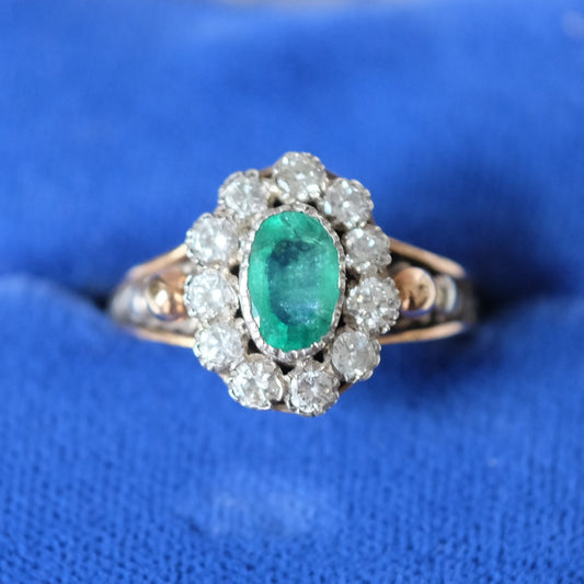 Antique Emerald and Diamond Silver and 18K Gold Ring 1880s