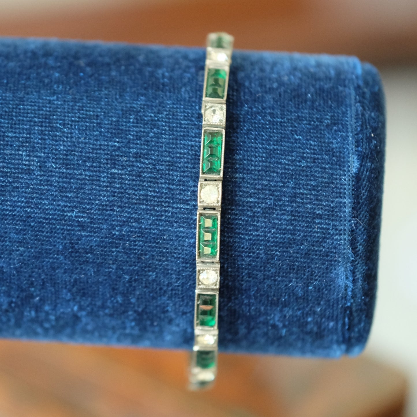 Art Deco Otis Sterling Faux Emerald Bracelet 1910s