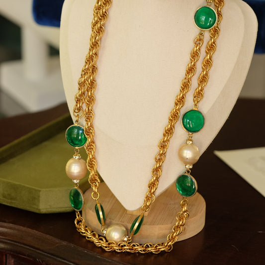 Long Sotuar with Green Glass and Pearl Beads