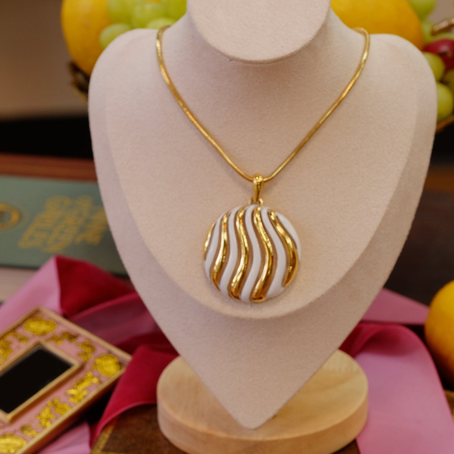 Trifari White Enamel Pendant 1970s