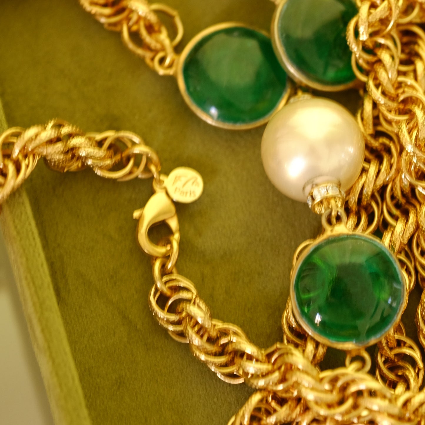 Long Sotuar with Green Glass and Pearl Beads