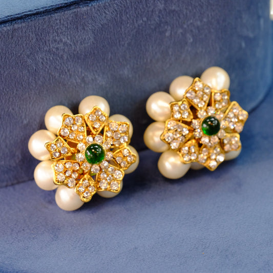 Chanel Pearl Green Gripoix Cluster Earrings