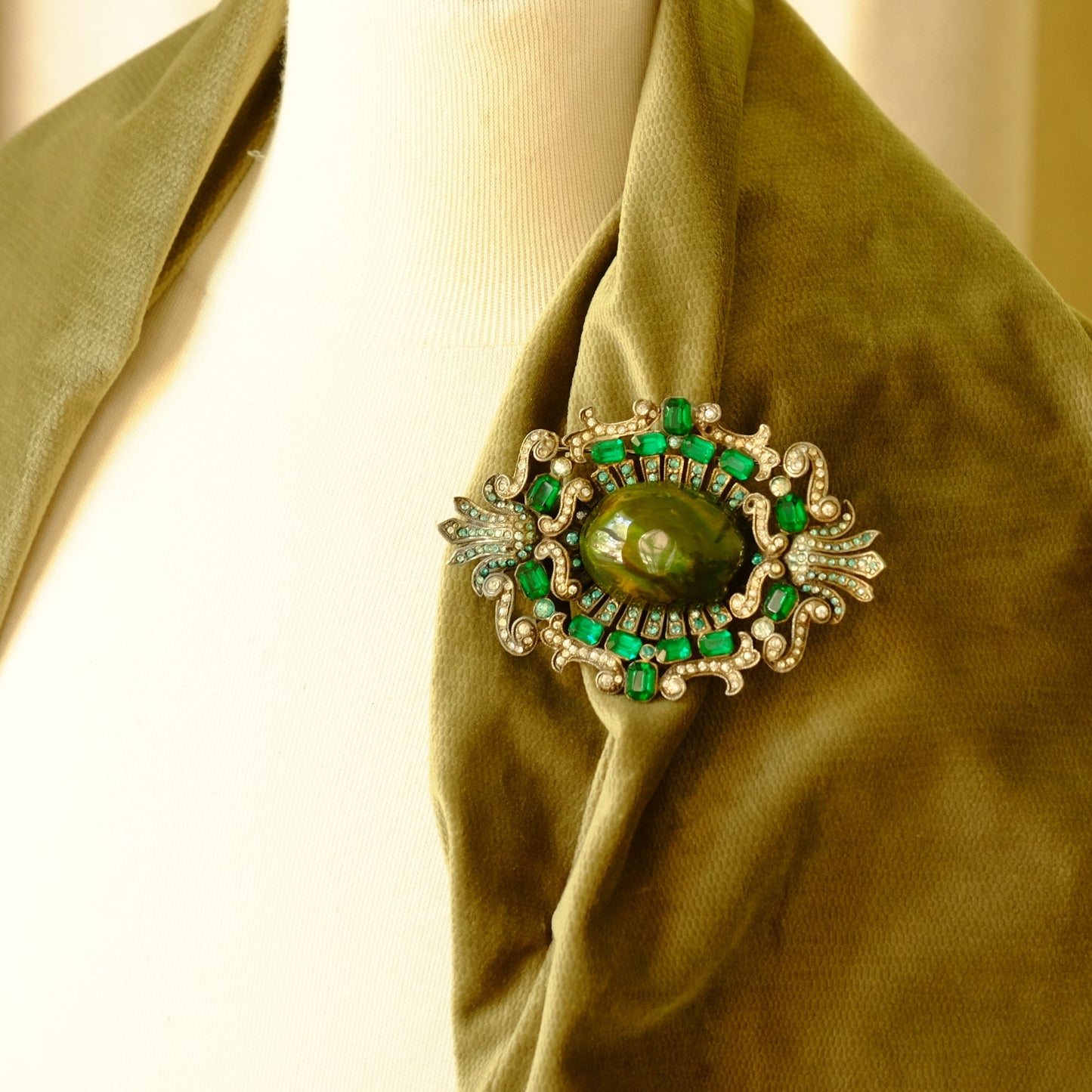 Eisenberg Original Large Brooch with Green Cabochon 1940s