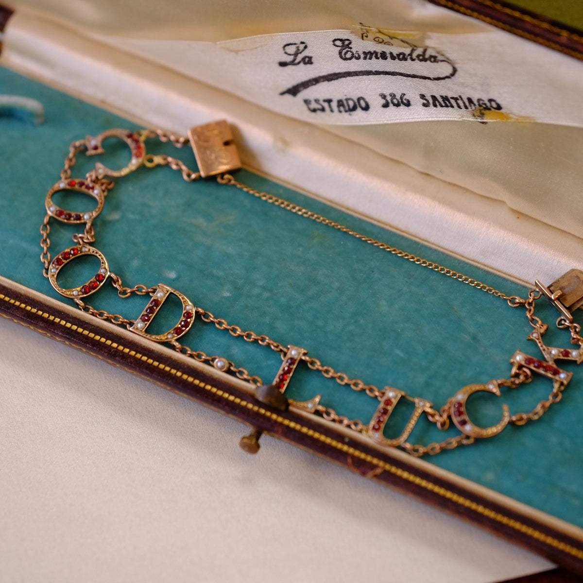 10K Gold Victorian Good Luck bracelet with garnets and pearls