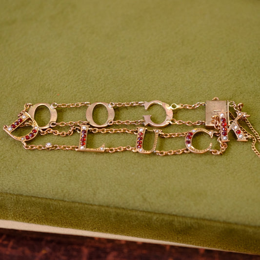 9K Gold Victorian Good Luck bracelet with garnets and pearls
