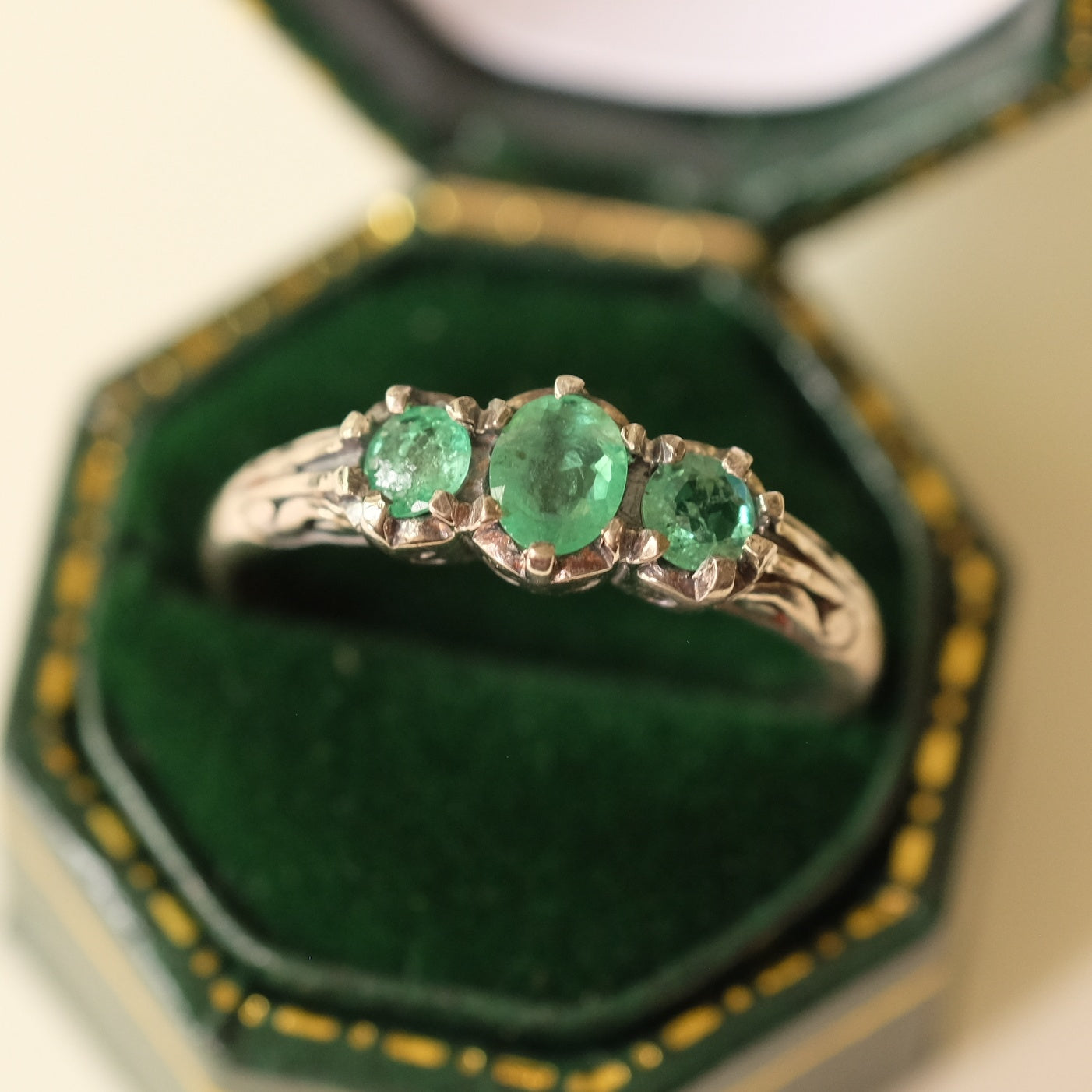 Victorian Silver Ring with Natural Emeralds