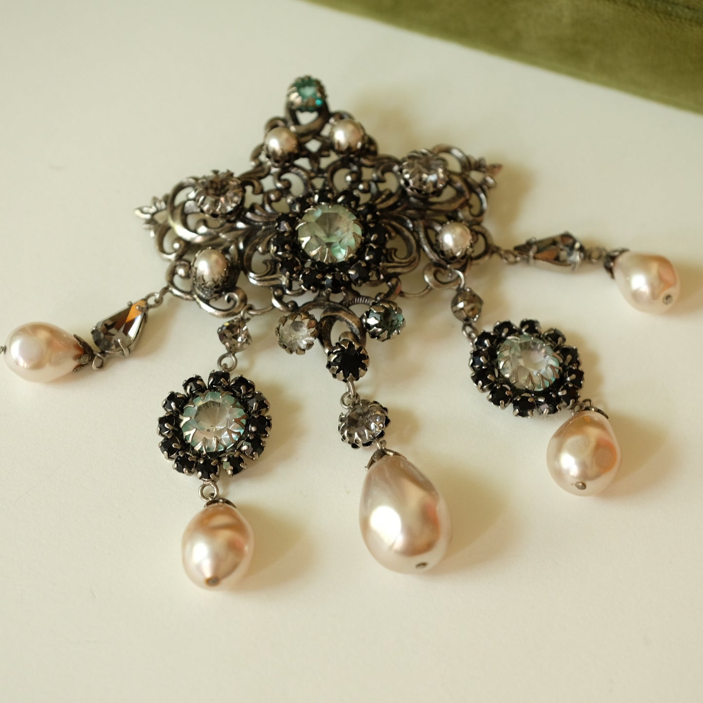 Vintage Kaufbeuren Germany Large Dangle Pearl Brooch signed 53 1950s