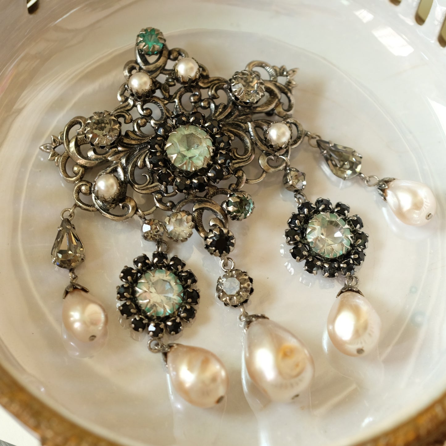 Vintage Kaufbeuren Germany Large Dangle Pearl Brooch signed 53 1950s