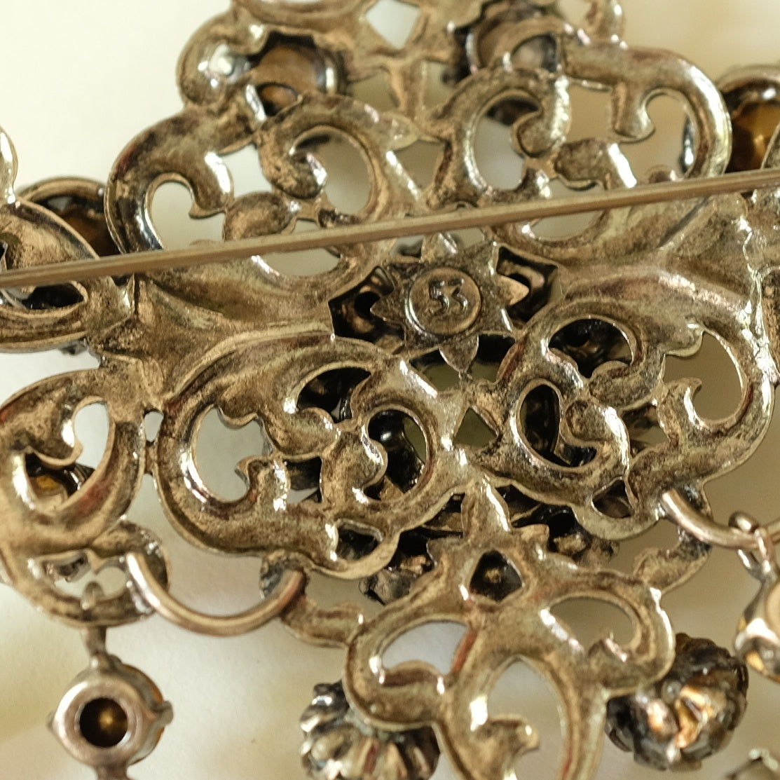 Vintage Kaufbeuren Germany Large Dangle Pearl Brooch signed 53 1950s