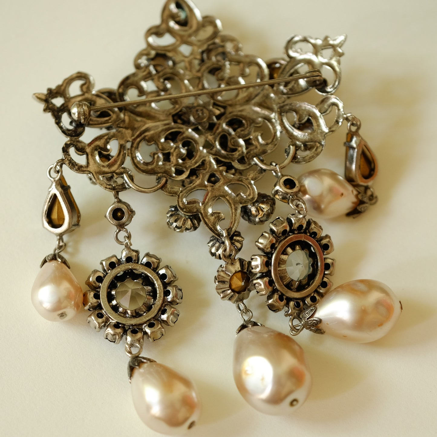 Vintage Kaufbeuren Germany Large Dangle Pearl Brooch signed 53 1950s