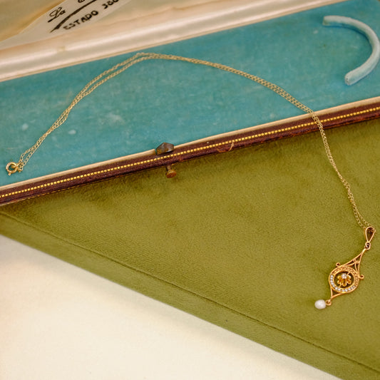14K Yellow gold Diamond Seed Pearl Lavalier