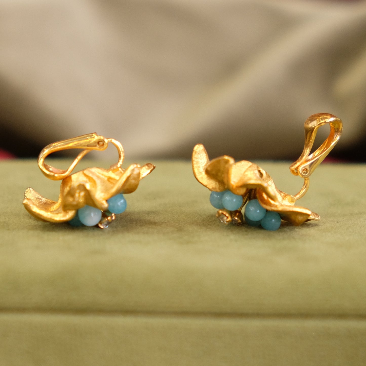 Flower Earrings with Blue Glass and Rhinestones