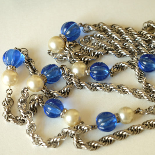 Vintage Long Sotuar Necklace with Blue Melon Beads