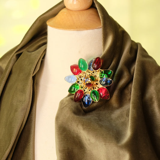 Gem Color Glass Flower Moans Couture Brooch