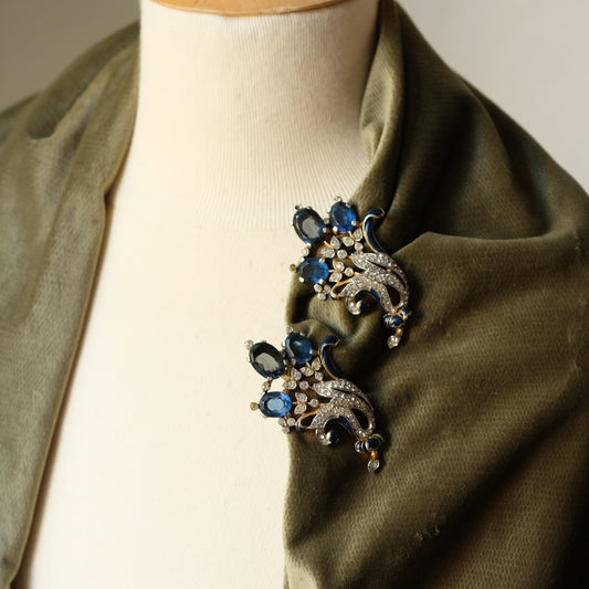 Vintage Trifari Alfred Philippe Princess Eugene Double Blue Fur Clips 1940s