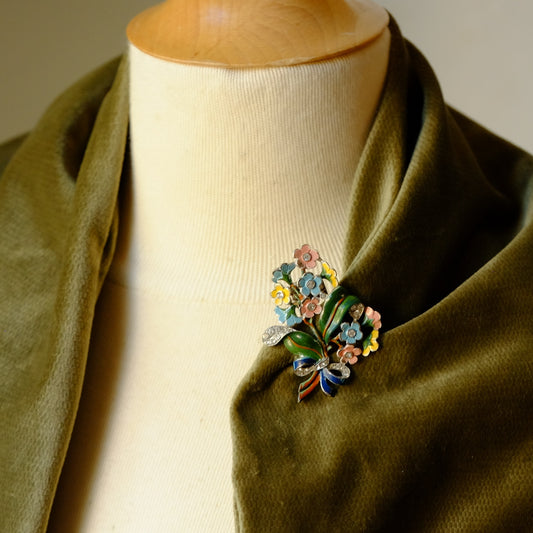 Vintage Trifari Flower Bouquet Enamel Fur Clip 1940s