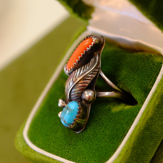 Silver Turquoise and Coral Ring with Feather