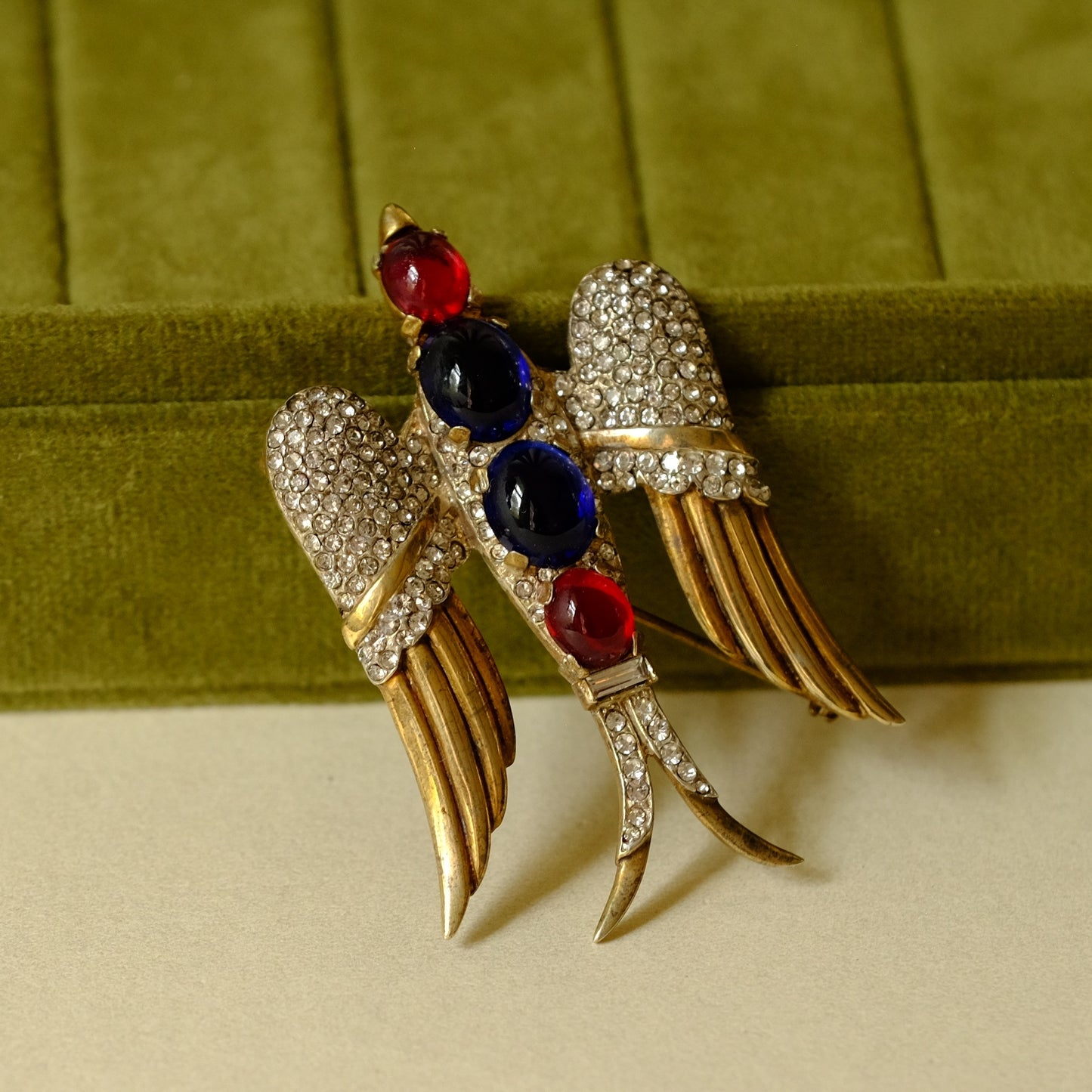 Vintage Trifari Red and Blue Glass Swallow Brooch 1940s