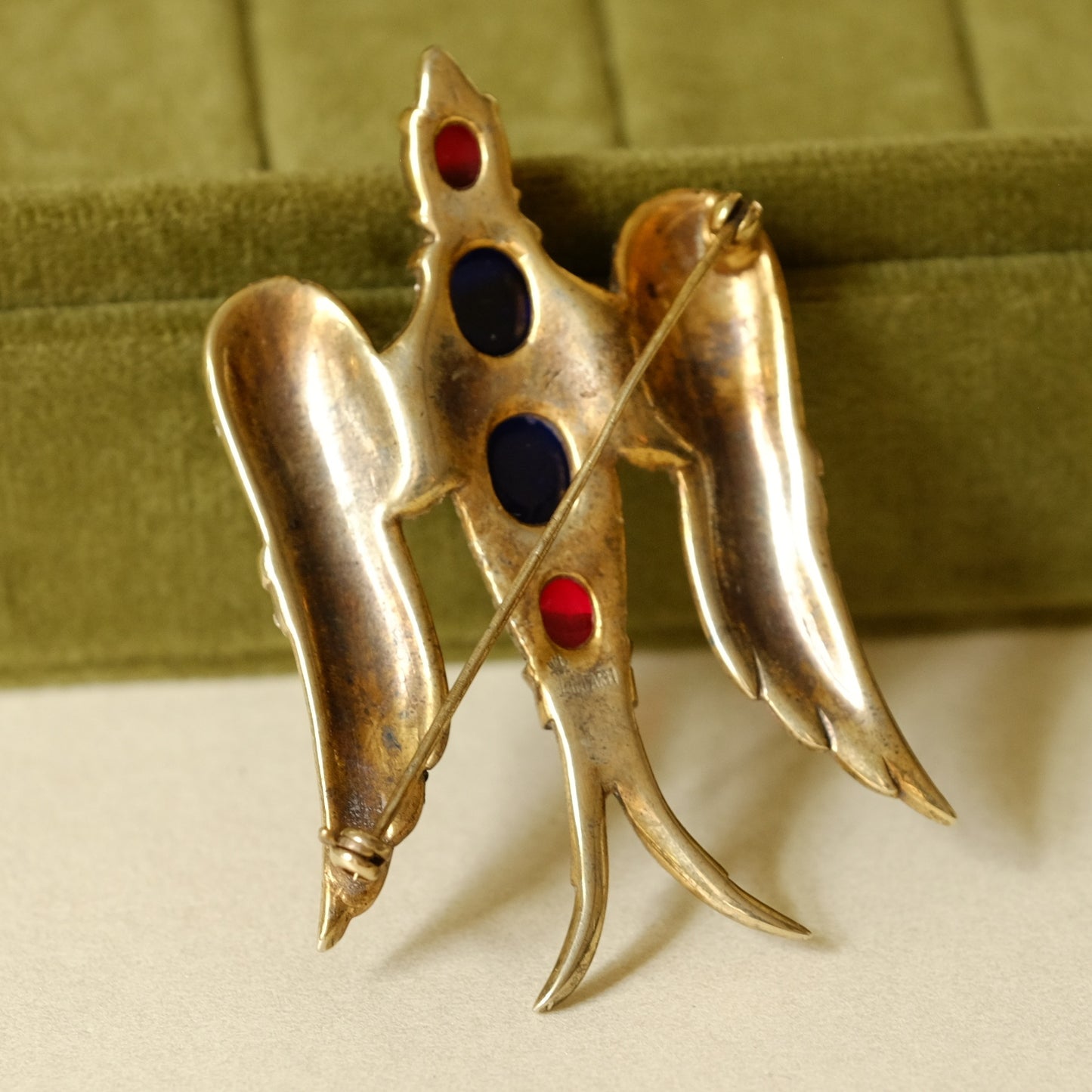 Vintage Trifari Red and Blue Glass Swallow Brooch 1940s