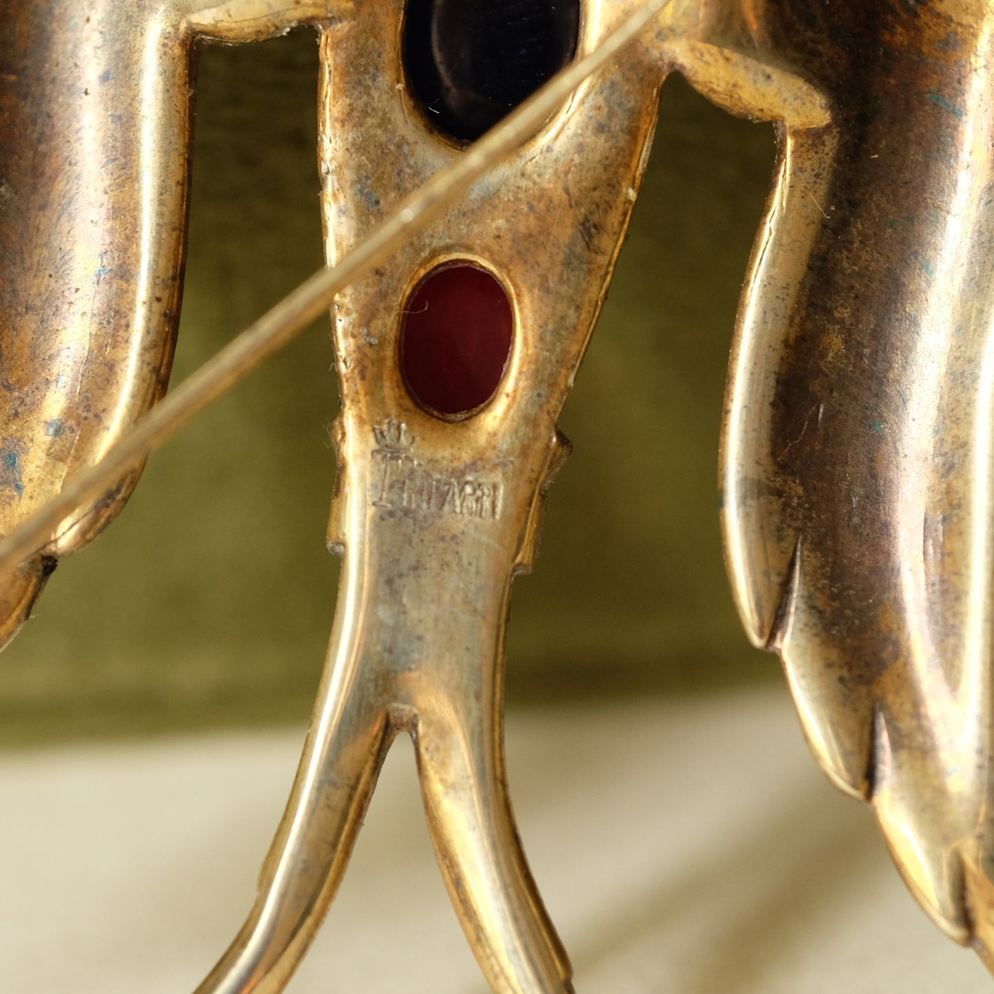 Vintage Trifari Red and Blue Glass Swallow Brooch 1940s