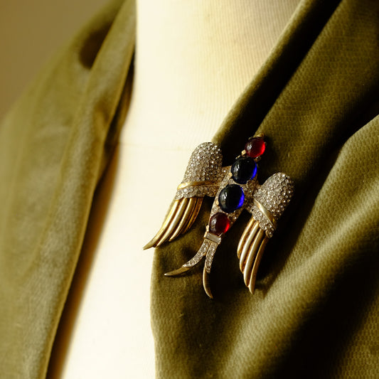Vintage Trifari Red and Blue Glass Swallow Brooch 1940s